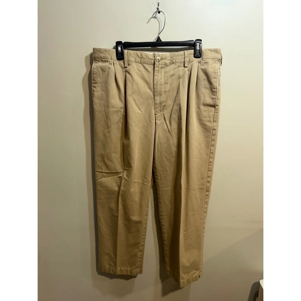 Lands End Mens 36 Traditional Fit Pleated Chino Pants Khaki Tan 100% Cotton